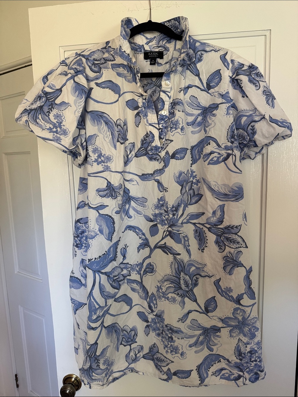 MSK White Dress with Blue Floral Print, Short Sleeve